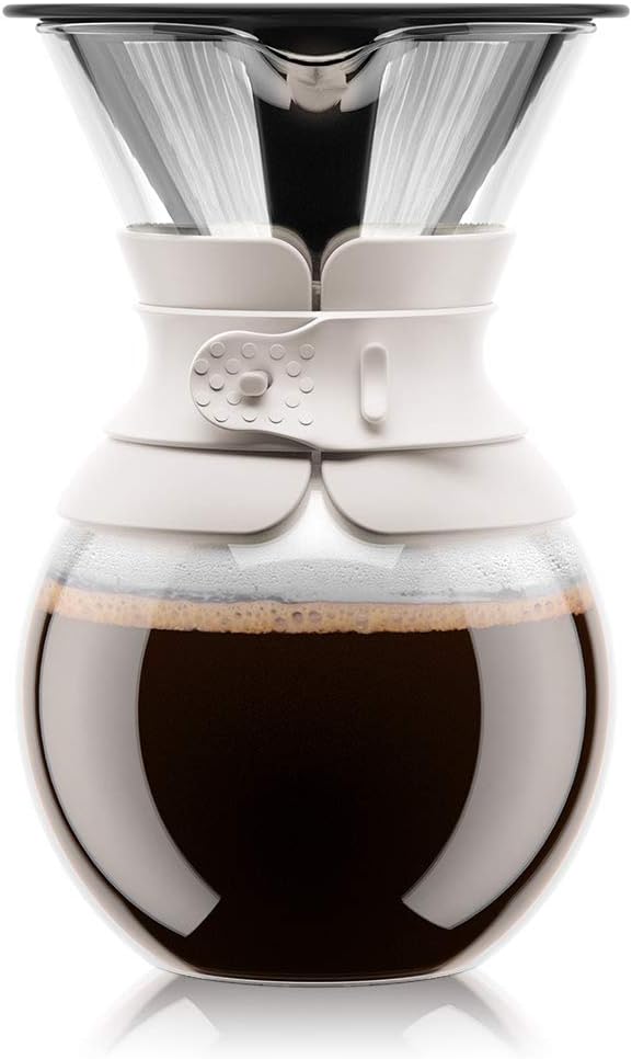 34 oz Pour Over Coffee Maker, High-Heat Borosilicate Glass with Reusable Stainless Steel Filter and White Band - Made in Portugal
