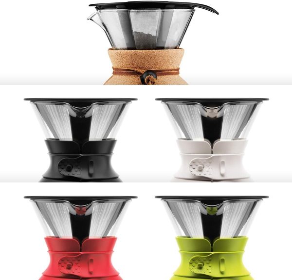 34 oz Pour Over Coffee Maker, High-Heat Borosilicate Glass with Reusable Stainless Steel Filter and White Band - Made in Portugal