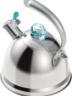 Tea Kettle Stovetop, 2.5 Quart Whistling Stainless Steel Tea Pot, 3-Layer Base, Unique Ergonomic Handle, Includes Pot Holder & Mat, Electric/Induction/Gas Stovetops Applicable, Mirror Finish