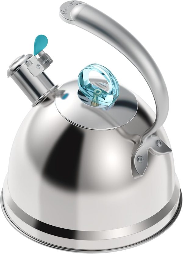 Tea Kettle Stovetop, 2.5 Quart Whistling Stainless Steel Tea Pot, 3-Layer Base, Unique Ergonomic Handle, Includes Pot Holder & Mat, Electric/Induction/Gas Stovetops Applicable, Mirror Finish
