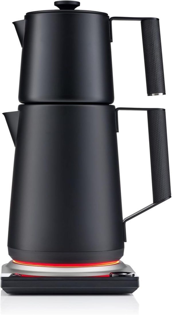 Turkish Tea Maker Machine Pro, Electric Double-Pot Teapot 1.75L 120V, 120 Min Keep-Warm, Stainless Steel BPA-Free, Auto Shut-Off & Boil-Dry, LED Brew Ring, Matte Black
