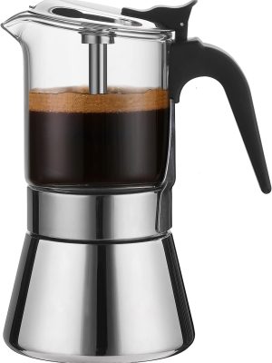 Induction Stovetop Espresso Maker With Pressure valve,Crystal Glass-top & Stainless Steel   Pot,240ml Classic Italian Coffee Maker