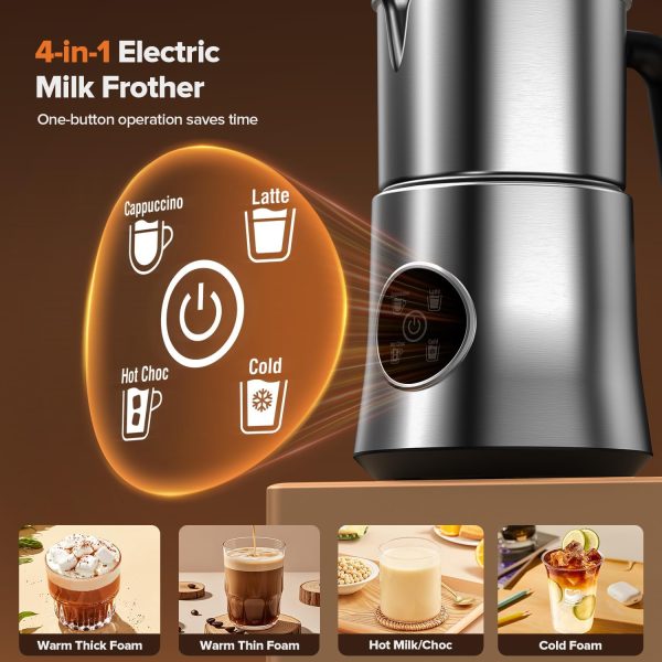 Milk Frother, 4 in 1 Milk Frother and Steamer, Automatic Warm and Cold Foam Maker, Hot Chocolate Maker, Electric Frother for Coffee, Cappuccino, Latte, Choc, Silver