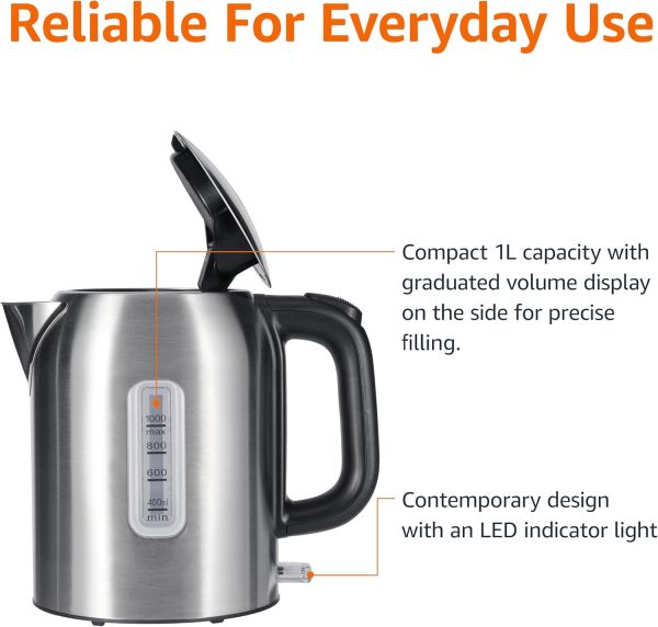 1.1Qt (1L) Electric Kettle, Tea Kettle & Water Boiler, with Auto Shut-Off, Boil Dry Protection, High-Safety  Thermostat, BPA-Free, 1500W, Stainless Steel, New Model, Black & Silver