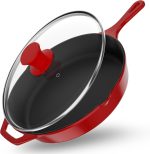 12 inch Saute Fry Pan Pre-Seasoned Cast Iron Skillet With Lid, Frying Pan, Cast Iron Pan, Safe Grill Cookware for Indoor & Outdoor Use - Cooking Gift for Men & Women (Red)