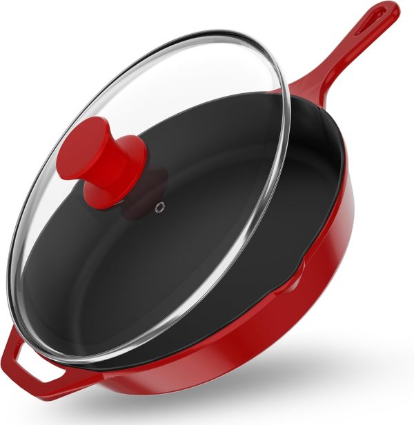 12 inch Saute Fry Pan Pre-Seasoned Cast Iron Skillet With Lid, Frying Pan, Cast Iron Pan, Safe Grill Cookware for Indoor & Outdoor Use - Cooking Gift for Men & Women (Red)