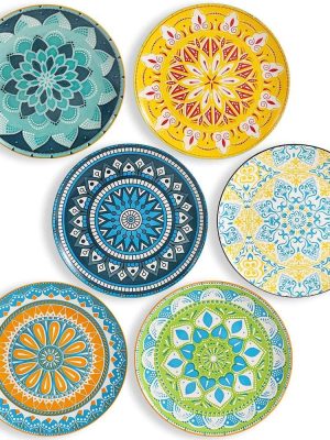 Dinner Plates Ceramic Plate Set - 10 Inch Large Porcelain Round Plate Sets of 6 - Flat Colorful Pattern Dining Plates for Kitchen | Family - Dishwasher | Microwave | Oven Safe