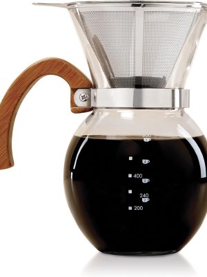 Pour-Over Coffee Maker, Borosilicate Glass and Bamboo Handle, Stainless Steel Filter, 4-Servings, 22-Ounce Capacity