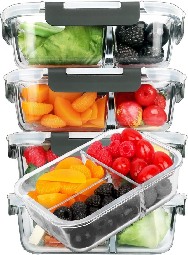 [5-Pack, 36 oz] Glass Meal Prep Containers 3 Compartment with Lids, Glass Lunch Containers,Food Prep Lunch Box,Bento Box,Microwave, Oven, Freezer, Dishwasher (4.5 Cups)