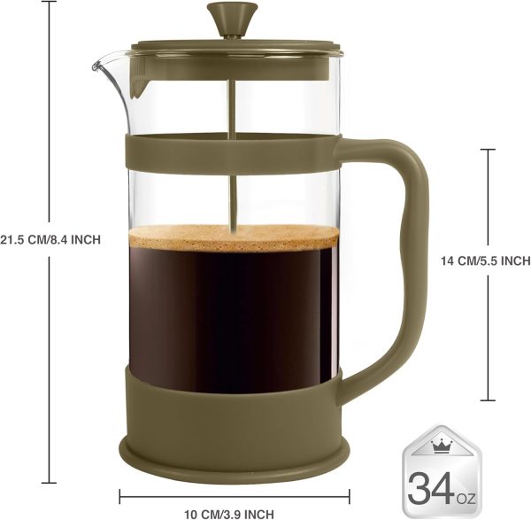34 Ounce 1 Liter French Press Coffee Maker, Tea Maker, Travel Coffee Presses, Heat Resistant Thickened Borosilicate Coffee Pot for Camping Travel Gifts, Gold Pack of 1