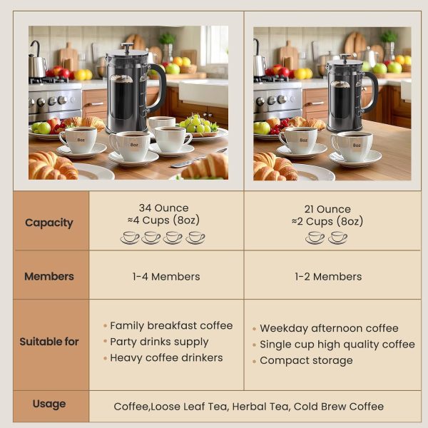 French Press Coffee Maker 34 Ounce 1 Liter, Borosilicate Glass Stainless Steel Brewer, Large Portable Cold Brew  Teapot for Kitchen Travel Camping Coffee Bar Accessories, Dark Pewter