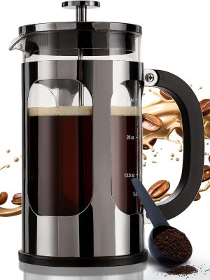 French Press Coffee Maker 34 Ounce 1 Liter, Borosilicate Glass Stainless Steel Brewer, Large Portable Cold Brew  Teapot for Kitchen Travel Camping Coffee Bar Accessories, Dark Pewter