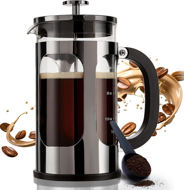 French Press Coffee Maker 34 Ounce 1 Liter, Borosilicate Glass Stainless Steel Brewer, Large Portable Cold Brew  Teapot for Kitchen Travel Camping Coffee Bar Accessories, Dark Pewter