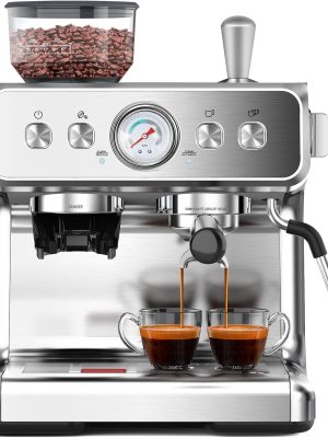 Espresso Machine with Grinder, Stainless Steel 20 Bar Semi-Automatic Expresso Coffee Machines, Featuring a Milk Frother, Steam Wand, Removable Water Tank for Latte, Macchiato, Cappuccino