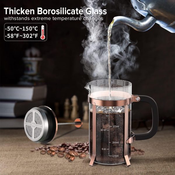 Coffee Maker 304 Stainless Steel French Press with 4 Filter, Heat Resistant Durable, Easy to Clean, Borosilicate Glass Coffee Press, 100% BPA Free Teapot, 21 ounce, copper